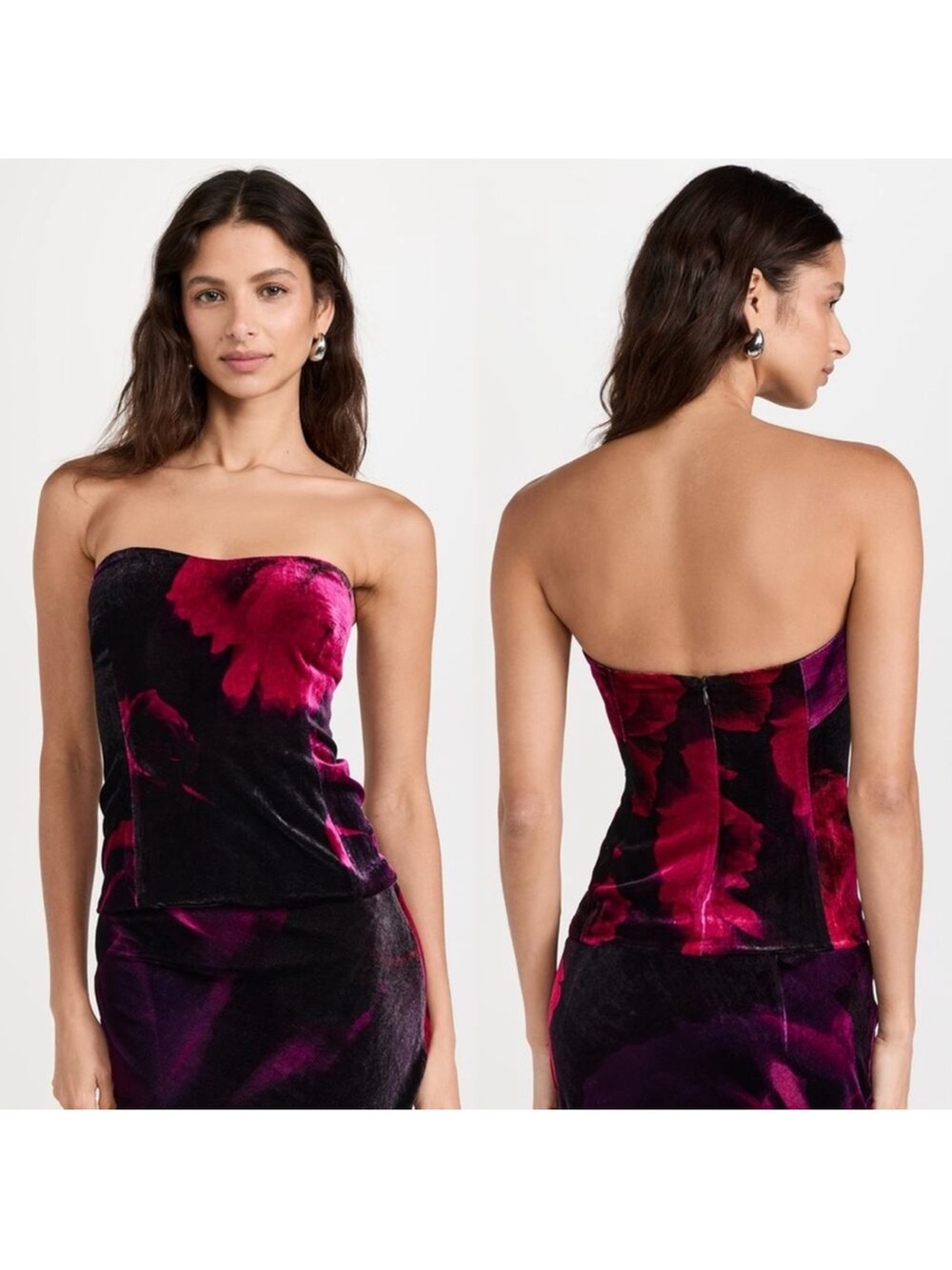 Retrofete Strapless Velvet Bustier in Fuchsia and Black